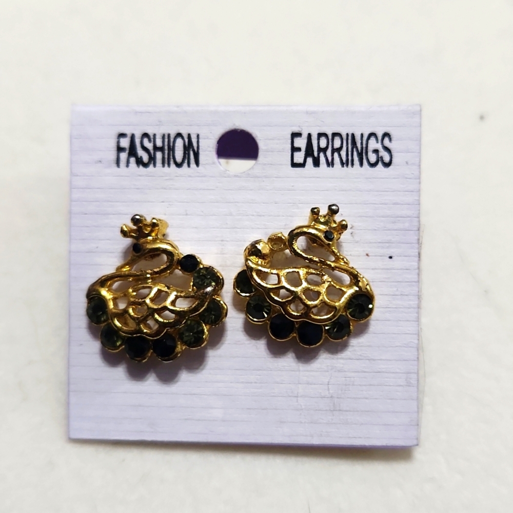 Indian Handmade Gold Tone Rhinestone Peacock Oversized Stud Earrings